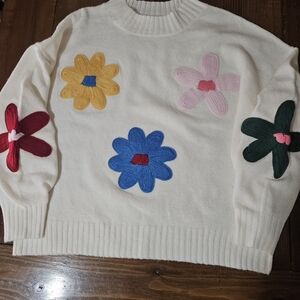 NWOT Blu Pepper Cream Sweater with Colorful Floral Accents